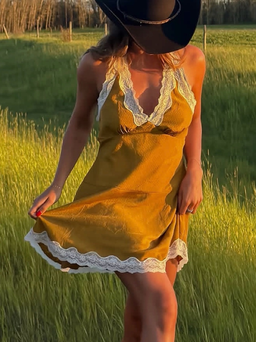 Steve Madden Mustard Halter Dress with White Lace Trim